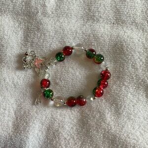 Festive Red and Green Beaded Bracelet with Charms